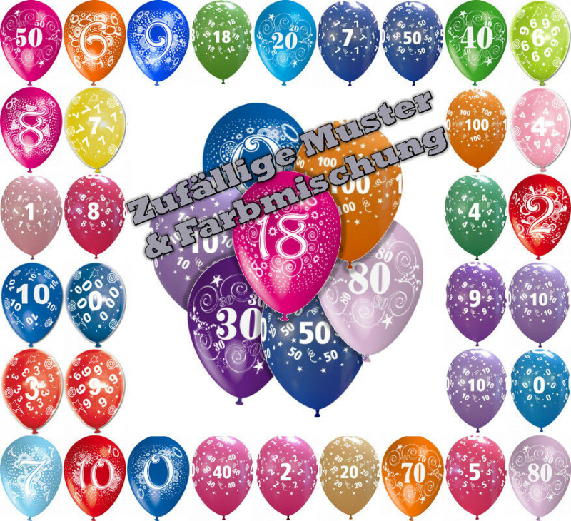15 Zahlenluftballons bunt - Zahl 0, 1, 2, 3, ... , 100